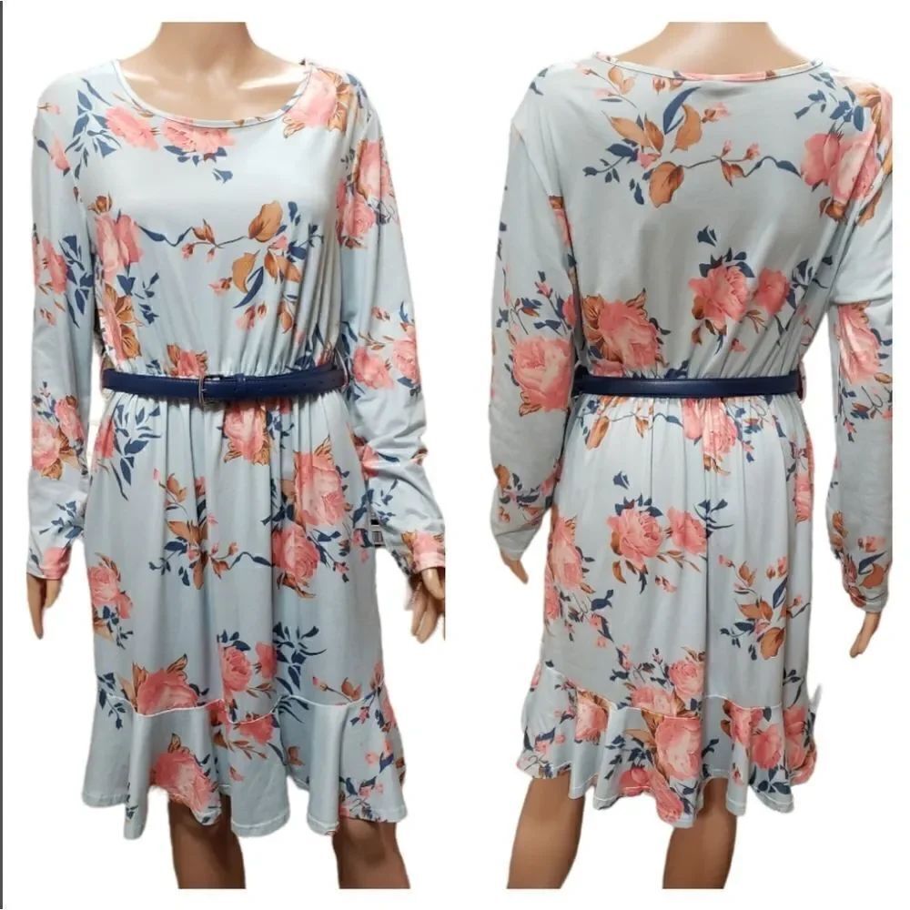 KorMei Long Sleeve Floral Peplum Hem Dress LARGE